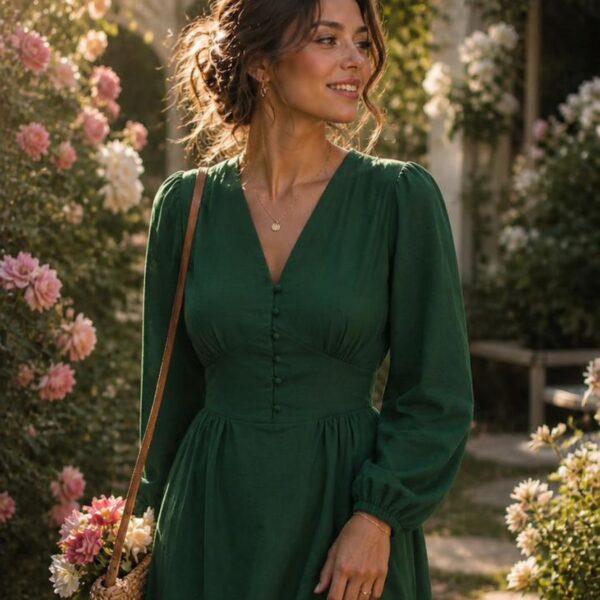 Nolié Vintage Linen Dress in deep green, showing the deep green maxi silhouette