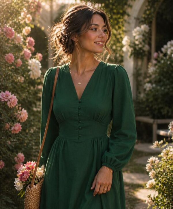 Nolié Vintage Linen Dress in deep green, showing the deep green maxi silhouette