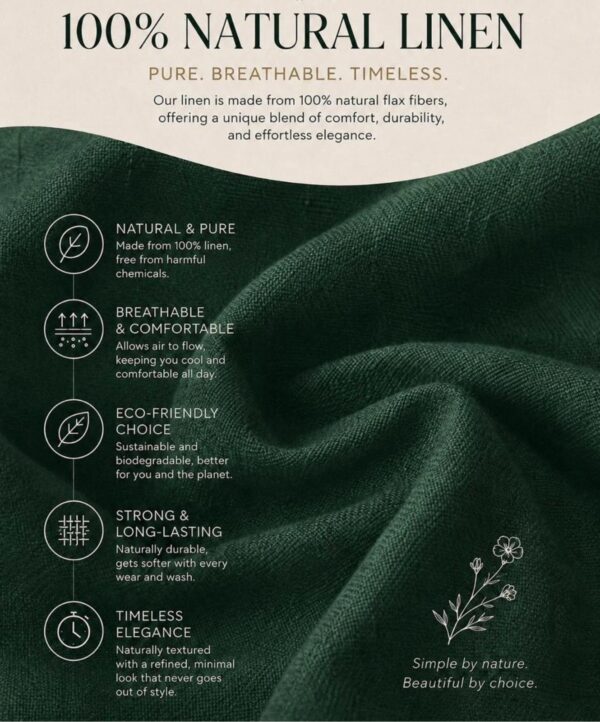 Nolié Vintage Linen Dress in deep green, highlighting the long sleeves and soft elastic cuffs