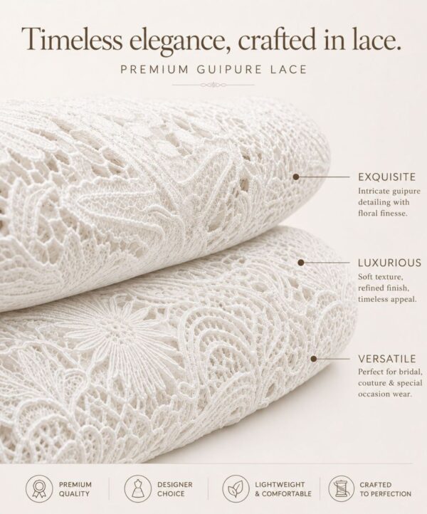 Premium Guipure Lace in ivory white, capturing the luxurious guipure texture
