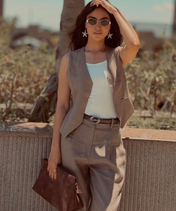 Soft Greige Suit in soft greige taupe, showing the relaxed vest and wide-leg pants
