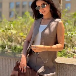 Soft Greige Suit in soft greige taupe, highlighting the soft greige linen texture and tailored shape